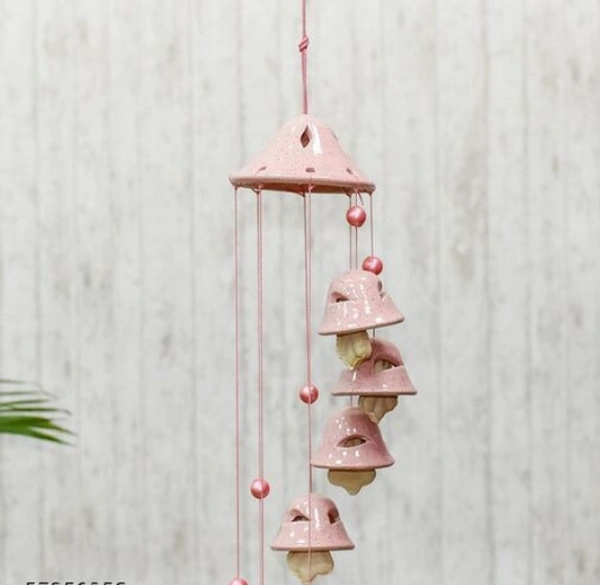 Handcrafted Traditional 8 Bells Pink Color Ceramic Wind Chimes - 8 Bells, Pink, Ceramic, Pack of 1